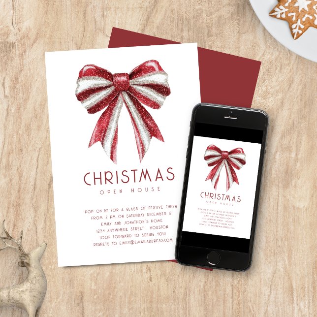 Red White Glitzer Bow Open House Weihnachten Einladung (Available digitally and printed)
