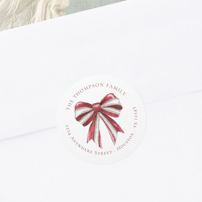 Red White Glitzern Coquette Bow Rücksendeadresse Runder Aufkleber (Von Creator hochgeladen)