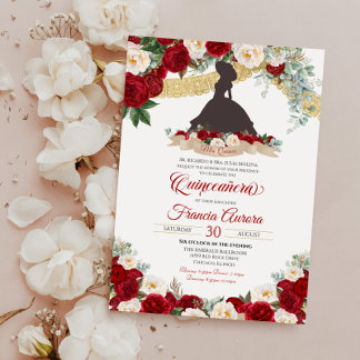 Red White Gold Elegante Floral Charro Quinceanera Einladung