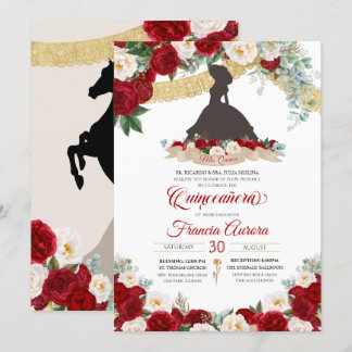 Red White Gold Elegante Floral Charro Quinceanera  Einladung