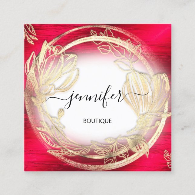 Red White Gold Floral Frame QRCode Logo Quadratische Visitenkarte (Vorderseite)