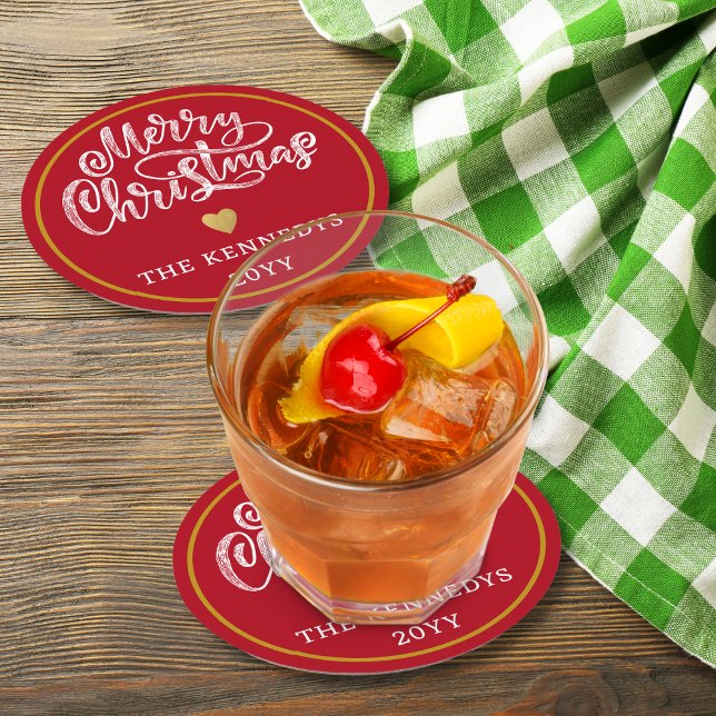 Red White Gold Frohe Weihnachten Runder Pappuntersetzer (Von Creator hochgeladen)