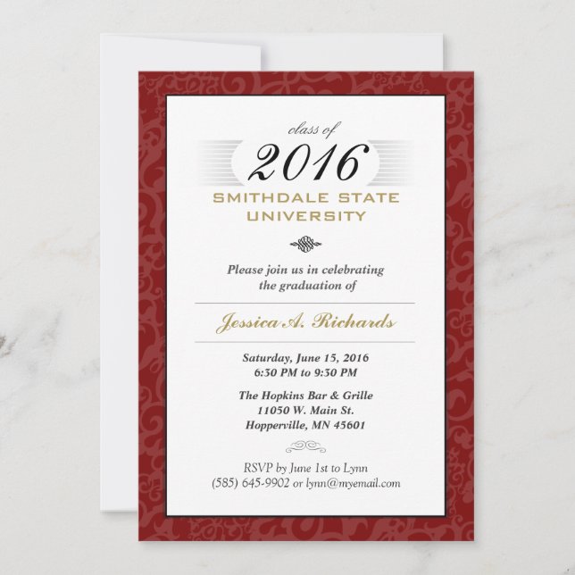 Red White & Gold (für sie) Elegant Grad Invite Einladung (Vorderseite)