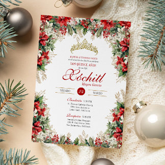 Red White Gold Holiday Floral Winter Quinceañera Einladung
