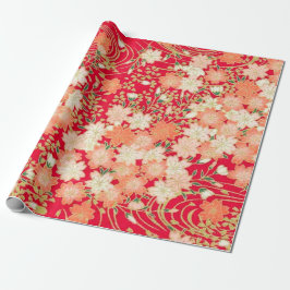 Red White Gold Japanischer Kimono Blumendekoupage Geschenkpapier