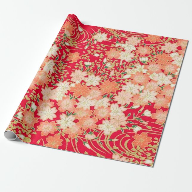 Red White Gold Japanischer Kimono Blumendekoupage Geschenkpapier (Ungerollt)