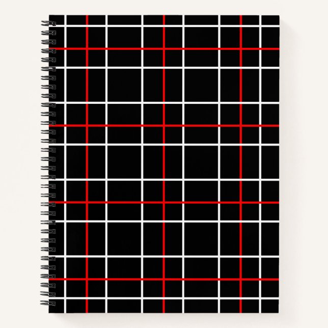 Red White Graphical Lines Black Plaid Design  Notizbuch (Vorderseite)