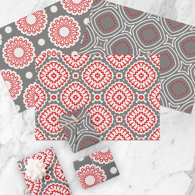 Red White Gray Ethnic Mosaic geometrische Muster Geschenkpapier Set (Von Creator hochgeladen)