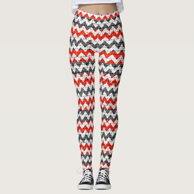 Red White Gray Zickzack Pattern Burlap Look Leggings (Vorderseite)