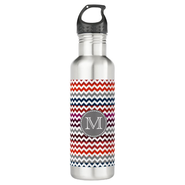 Red White Gray Zickzack Zigzag Monogram Edelstahlflasche (Vorderseite)