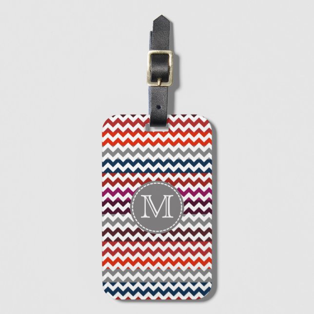 Red White Gray Zickzack Zigzag Monogram Gepäckanhänger (Vorderseite Vertikal)