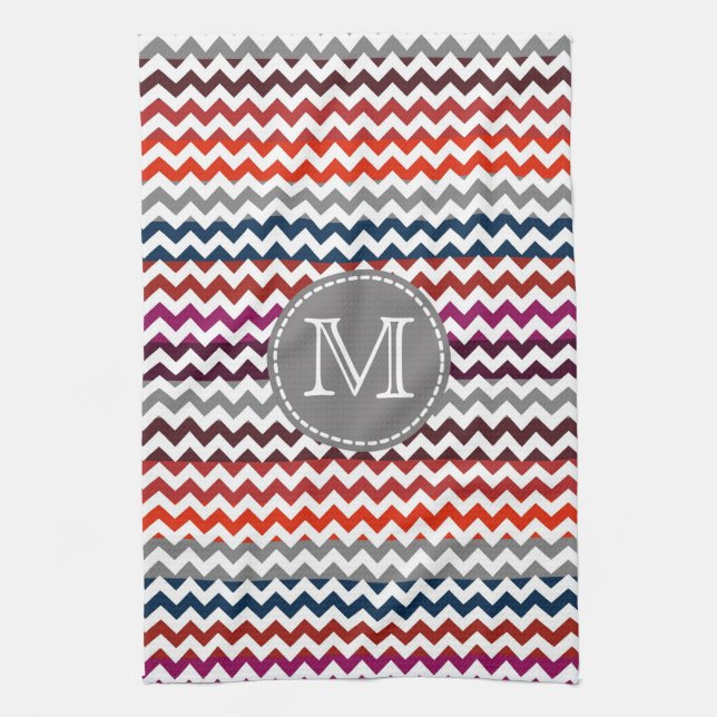 Red White Gray Zickzack Zigzag Monogram Geschirrtuch (Vertikal)