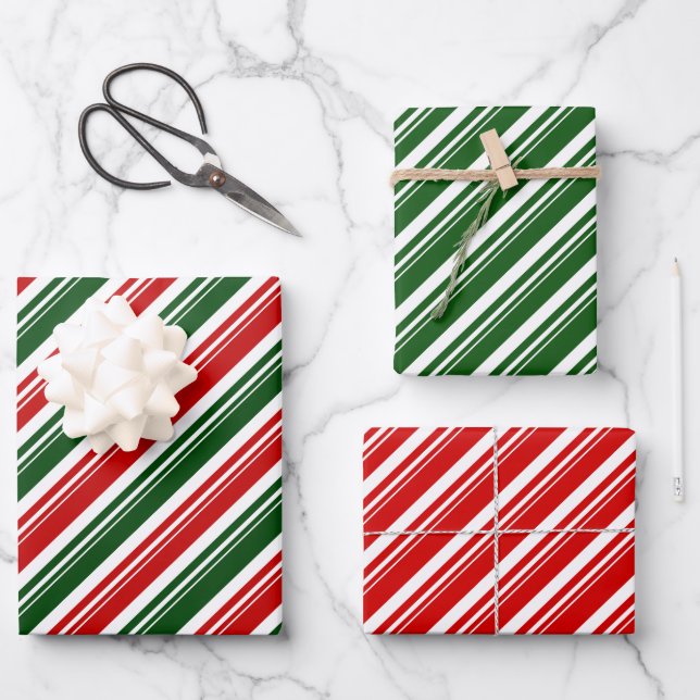 Red White Green Candy Cane Strip Holiday Geschenkpapier Set (Vorderseite)