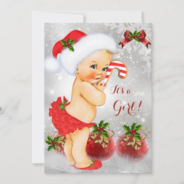 Red White Green Christmas Baby Shower Girl Blonde Einladung (Vorderseite)