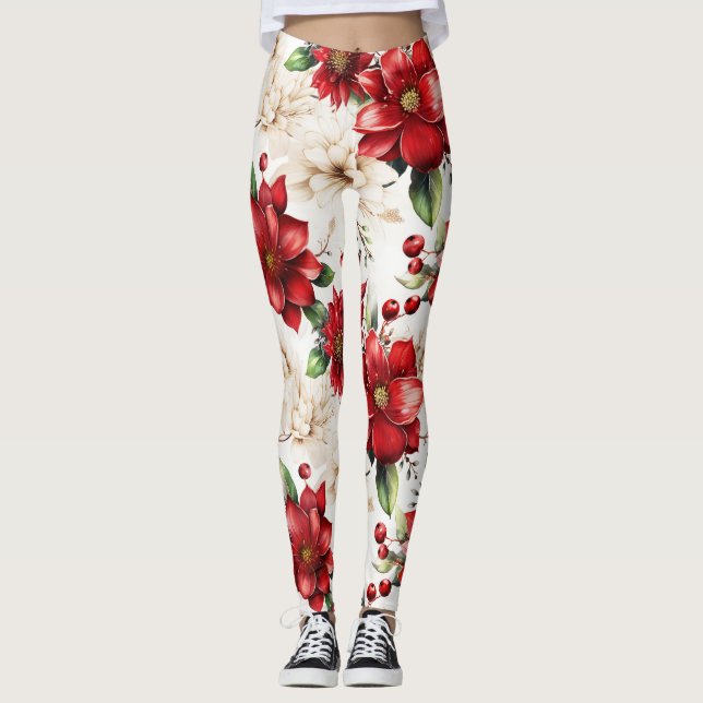 Red White Green Floral Patterns Elegant Large Chic Leggings (Vorderseite)