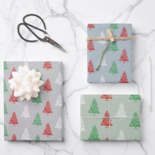 Red White Green gestanzte Schneeweihnachtsbäume Geschenkpapier Set