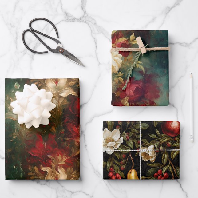 Red White Green Gold Flora Geschenkpapier Set (Vorderseite)