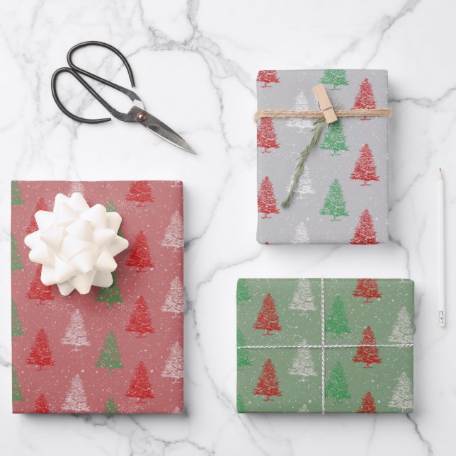 Red White Green Kleine Weihnachtsbaumen Wald Wrapp Geschenkpapier Set (Vorderseite)
