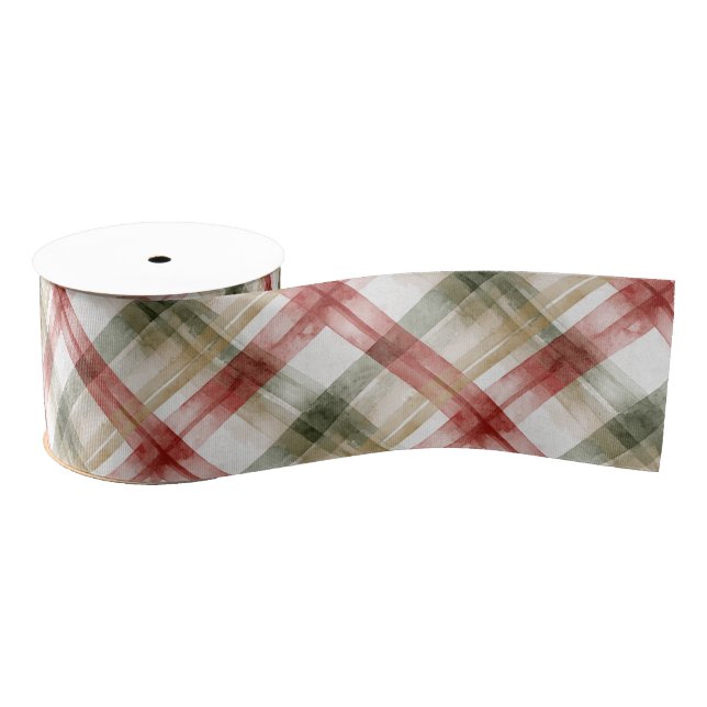Red White Green Plaid Stripes Christmas Ripsband (Spule)