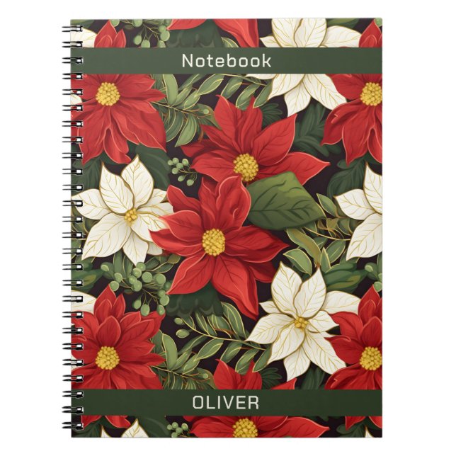 Red White Green Poinsettia Blume Pattername Notizblock (Vorderseite)