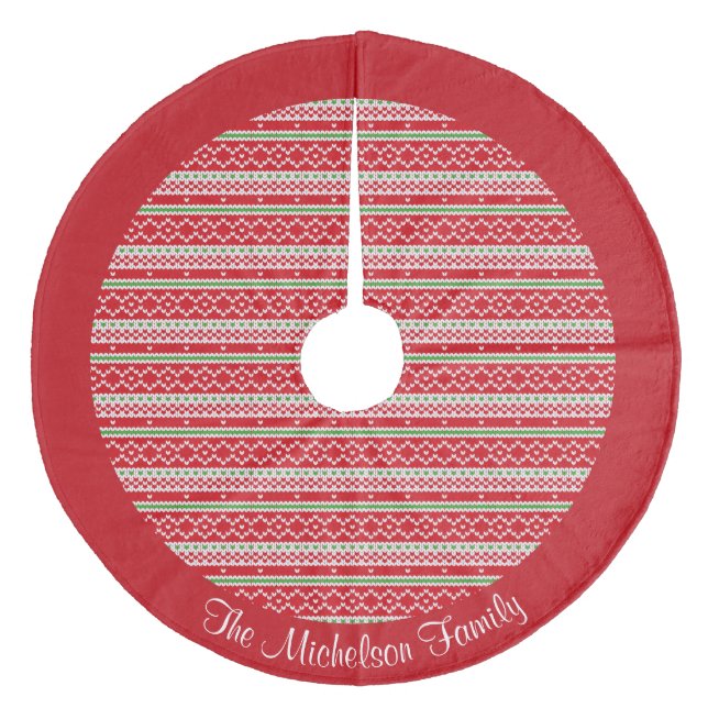 Red White Green Strick Sweater Muster Personalisie Fleece Weihnachtsbaumdecke (Vorderseite)