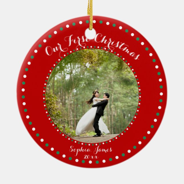 Red White Green Unser erstes Weihnachtsgeschmuck Keramik Ornament (Hinten)