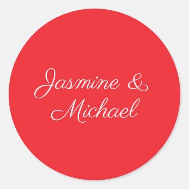 Red & White Handwriting Couple Names Wedding Runder Aufkleber (Vorderseite)