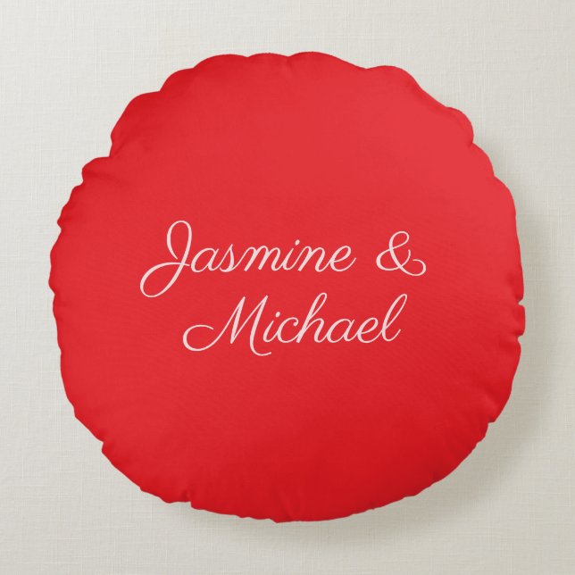 Red & White Handwriting Couple Names Wedding Rundes Kissen (Vorderseite)