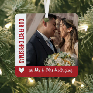 Red White Heart 1. Weihnachten Mr. & Mrs. Foto Ornament Aus Metall