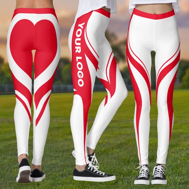 Red White Heart Hintern Team Uniform Logo Cheflead Leggings (Red and white leggings with red heart on butt and your team logo down side of leg)