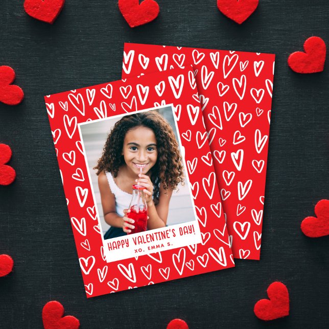 Red + White Heart Valentine's Classroom Photo Card Mitteilungskarte (Von Creator hochgeladen)