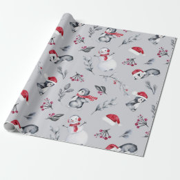 Red & White Holiday Pinguine & Snowmen Silver Geschenkpapier