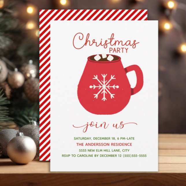 Red White Hot Cocoa Weihnachts-Party Einladung (Red and white hot cocoa and candy stripes Christmas party invitation)