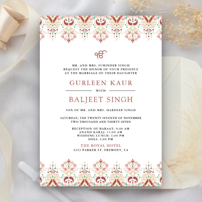 Red White Ikat Anand Karaj Sikh Wedding Einladung (Von Creator hochgeladen)