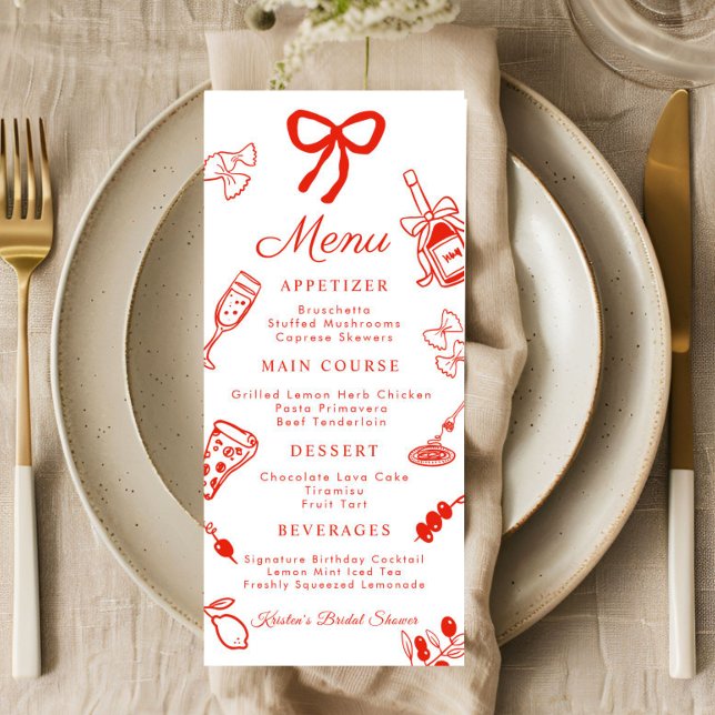 Red & White Italian Food Bridal Shower Flat Menu Menükarte (That's amore Italian Menu Card)