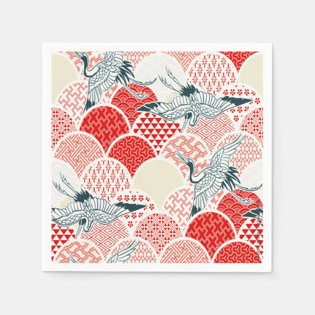 Red White Japanese Kimono Crane Decoupage Serviette (Vorderseite)