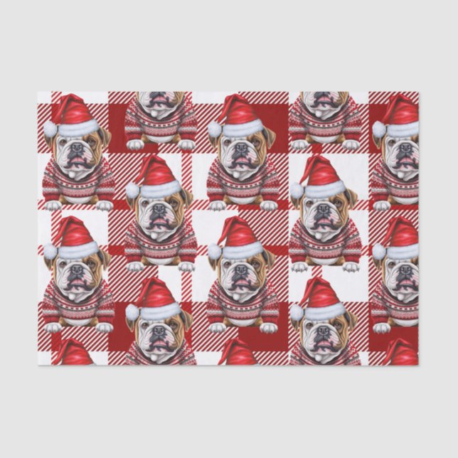 Red White Kariert Bulldog Weihnachtsfeiertag Seidenpapier (Vorderseite)
