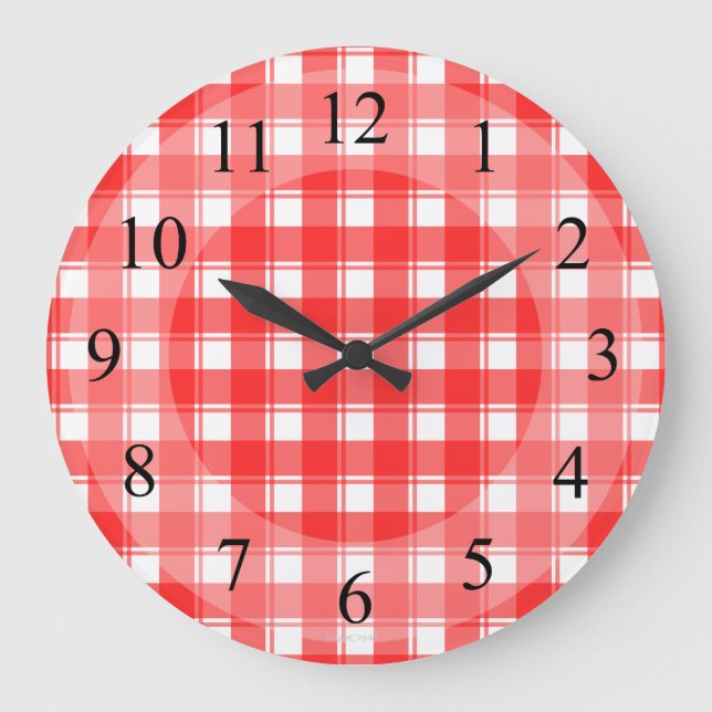 Red White Kariert Retro Kitchenette Große Wanduhr (Vorderseite)