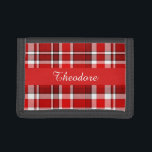 Red White Kariert Tartan | Name hinzufügen Tri-fold Geldbeutel<br><div class="desc">Dieses karierte rote und weiße Design hat ein sich wiederholendes,  überprüftes / kartanisches Muster,  das leicht strukturiert ist. Es ist ein helles,  stilvolles kariertes Muster.</div>