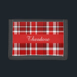 Red White Kariert Tartan | Name hinzufügen Tri-fold Geldbeutel<br><div class="desc">Dieses karierte rote und weiße Design hat ein sich wiederholendes,  überprüftes / kartanisches Muster,  das leicht strukturiert ist. Es ist ein helles,  stilvolles kariertes Muster.</div>