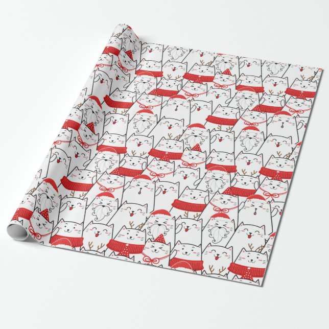 Red White Kitts Cats Floral Weihnachtsgeschenk Geschenkpapier (Ungerollt)