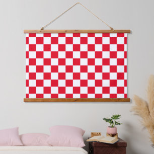 Red White Kroon Checkerboard Muster Wandteppich Mit Holzrahmen