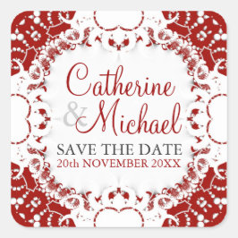 Red+White Lace Hochzeitsticker Quadratischer Aufkleber