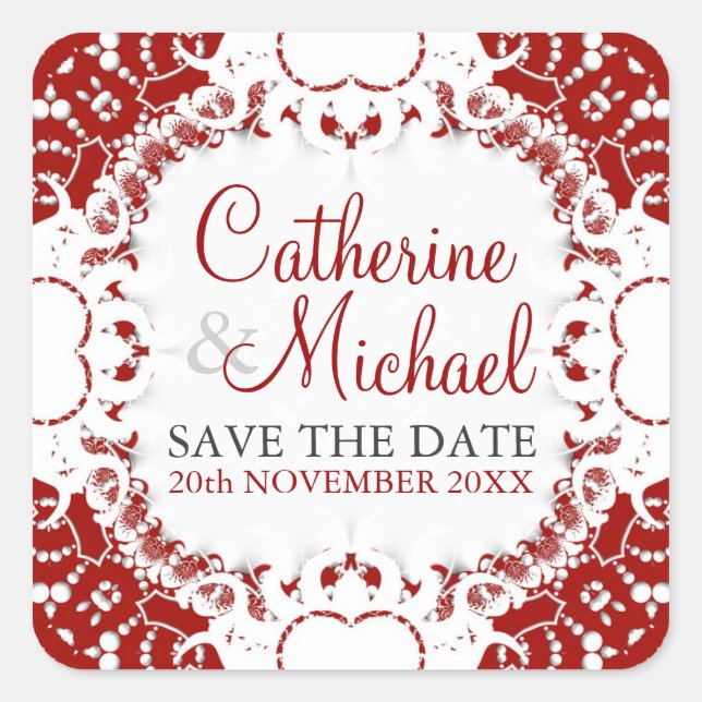 Red+White Lace Hochzeitsticker Quadratischer Aufkleber (Vorderseite)