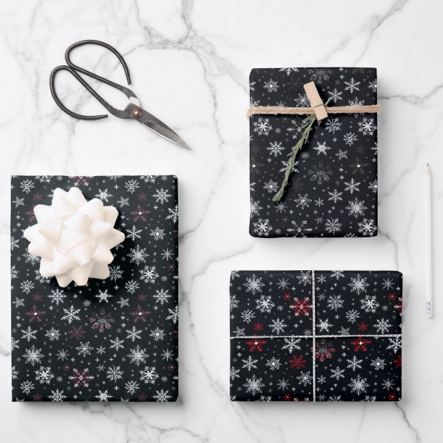 Red White Lila Snowflakes Schwarze Weihnachten Geschenkpapier Set (Vorderseite)