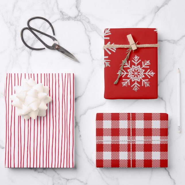 Red White Lines Silver Snowflake Red White Kariert Geschenkpapier Set (Vorderseite)