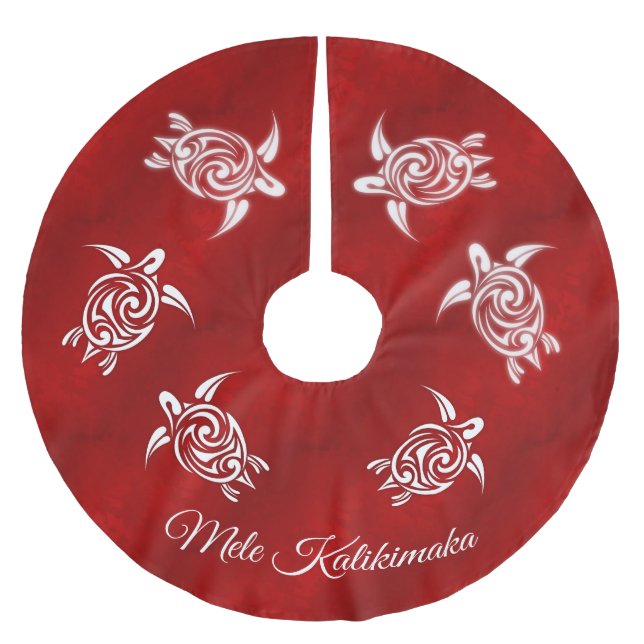 Red White | Mele Kalikimaka | Hawaiianische Weihna Polyester Weihnachtsbaumdecke (Vorderseite)