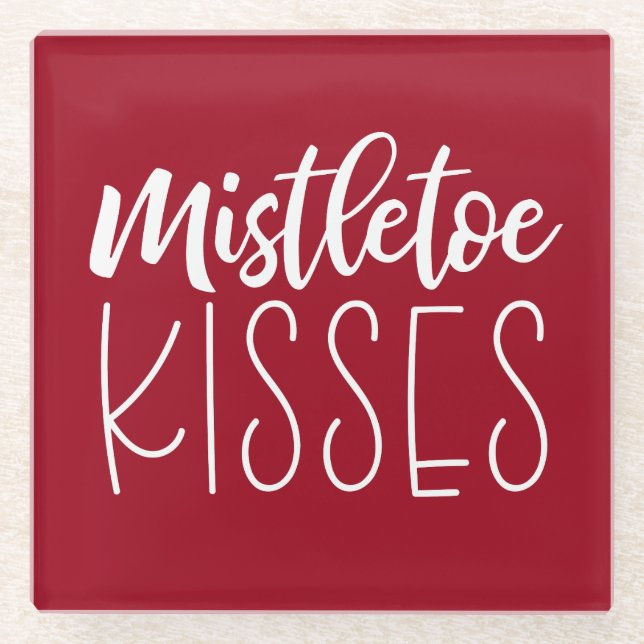 Red White Mistletoe Kisses typography Glasuntersetzer (Vorderseite)