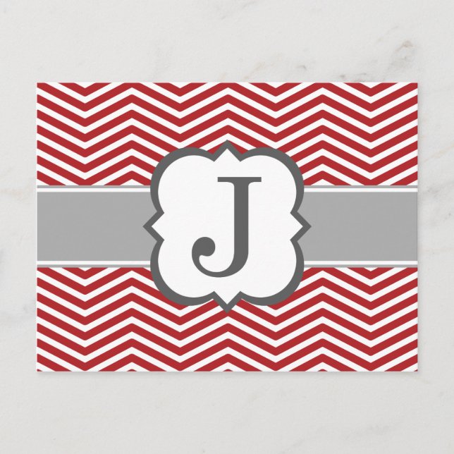 Red White Monogram Letter J Zickzack Postkarte (Vorderseite)