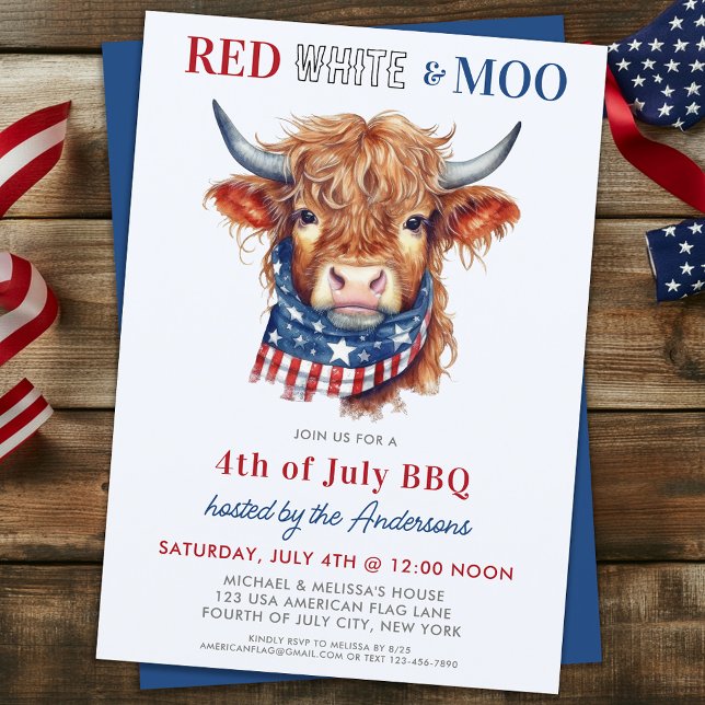 Red White Moo Patriotic Highland Kuh 4. Juli Einladung (Von Creator hochgeladen)
